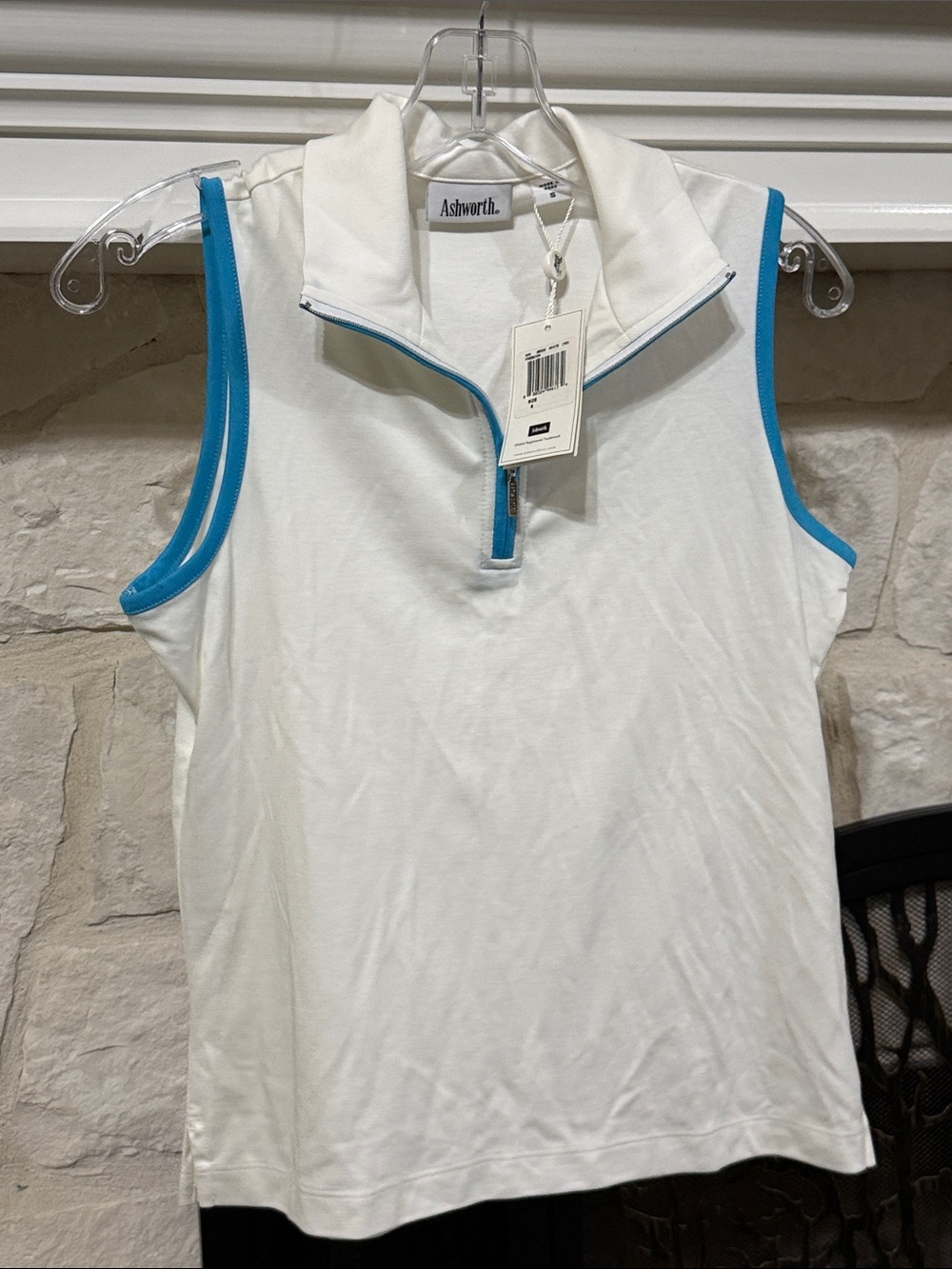 Ashworth White Sleeveless Golf Polo with Bright Blue Trim